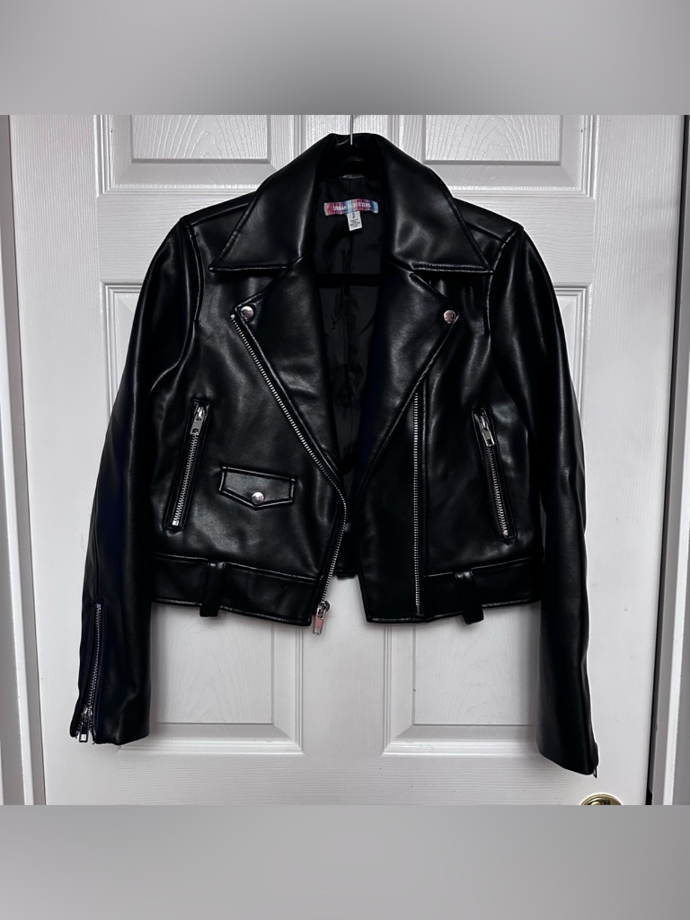 Urban Outfitters Celeste Black Faux Leather Moto Jacket Size Small *No Belt*